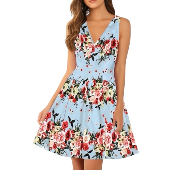 Jessica Simpson Floral Pleated Fit & Flare Dress Mint Blue Red Pink 4 Spring - Picture 1 of 14
